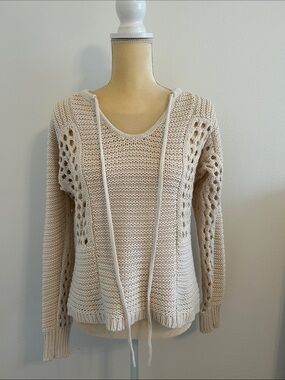 CAbi Cream Open-Knit Scoop Neck Hoodie Sweater